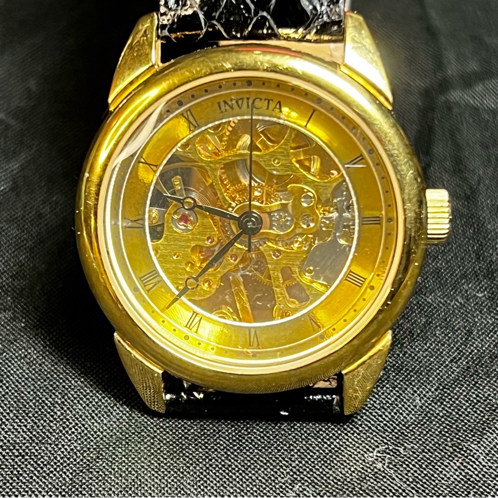 Vintage Invicta Gold Skeleton Dial Watch with Black copper head snake Strap